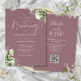 Convite Casamento Floral Código QR Verde Oliva Rosa