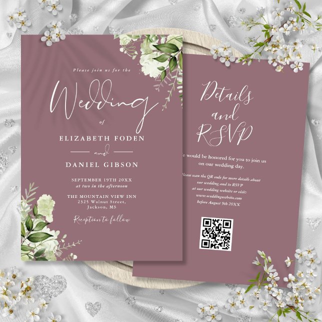 Convite Casamento Floral Código QR Verde Oliva Rosa (Mauve Greenery Floral QR Code Wedding Invitation)