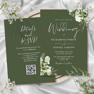 Convite Casamento Floral Código QR Verde Oliva Vegetação