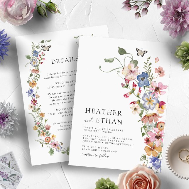 Convite Casamento Floral Colorida Elegante (Watercolor Vintage Colorful Wildflower Wedding Invitation with Details by Painted Paperie)