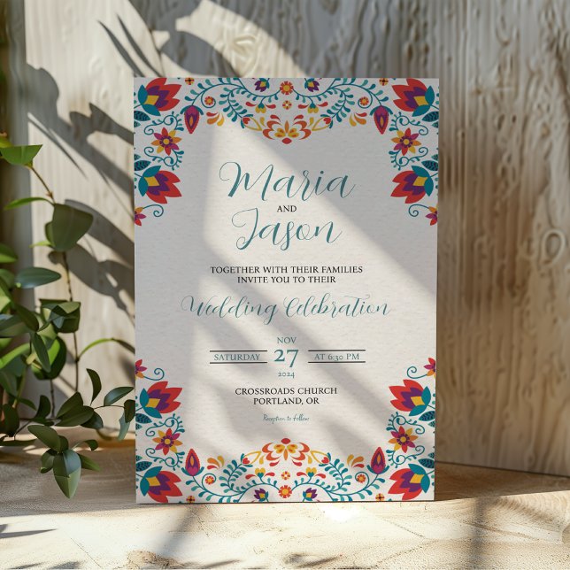 Convite Casamento Floral Colorido Colorido Fiesta Mexicano (Mexican Fiesta Elegant Colorful Floral Wedding Invitation)