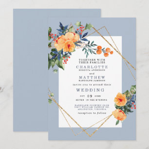 Convite Casamento Floral Colorido com Fundo Azul em Aquare