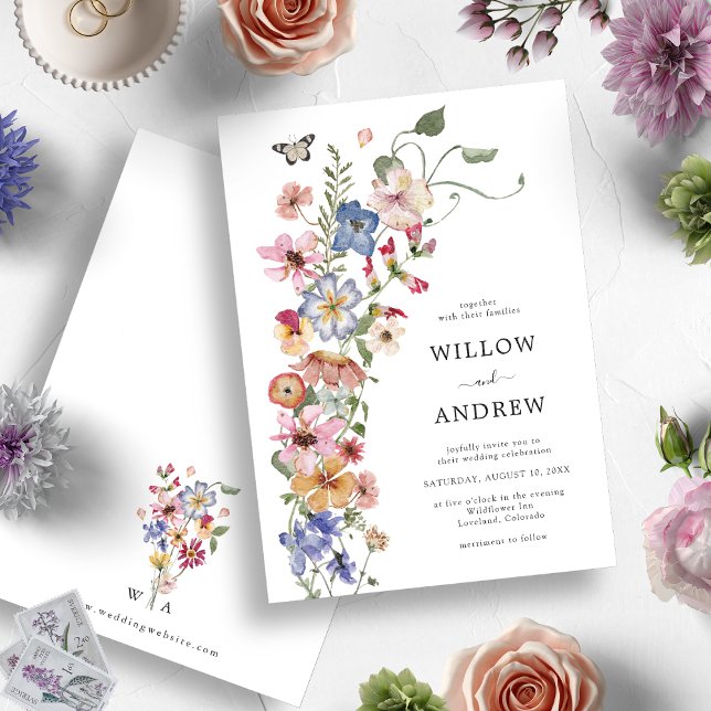 Convite Casamento Floral Colorido de Aquarela (Colorful Watercolor Wildflower with Monogrammed Back Wedding Invitation by Painted Paperie)