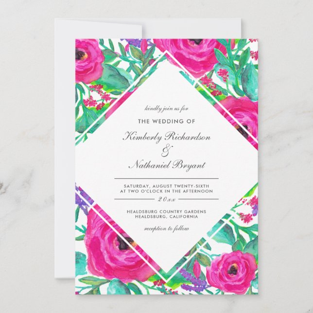 Convite Casamento Floral Colorido de Fuchsia Watercolor (Frente)