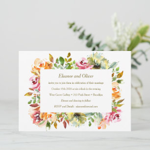 Convite Casamento Floral Colorido em Aquarela com Vegetaçã