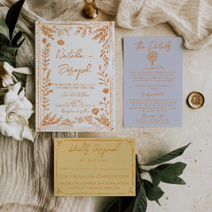 Convite Casamento Floral Colorido Laranja Desenhado à Mão