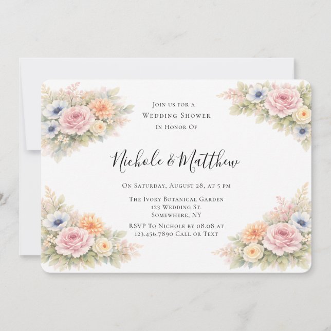 Convite Casamento Floral com Aguarela Suave Chuveiro (Frente)