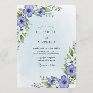 Convite Casamento Floral com Aquarela Azul