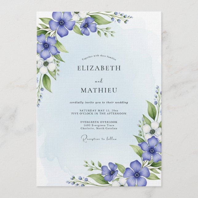 Convite Casamento Floral com Aquarela Azul (Frente)