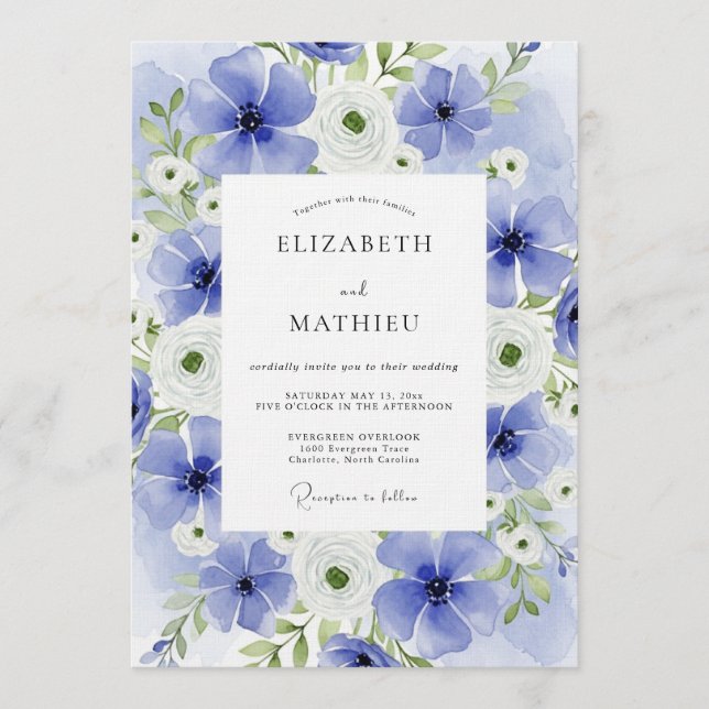 Convite Casamento Floral com Aquarela Azul (Frente)