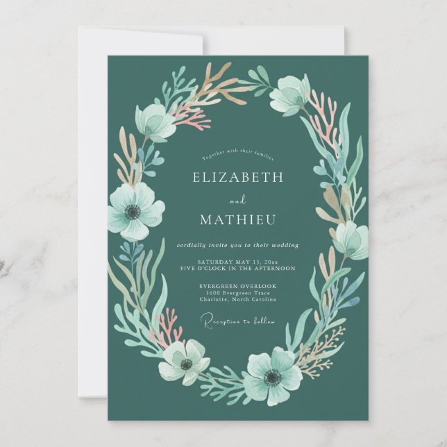 Convite Casamento Floral com Aquarela Azul Esverdeada Prof (Frente)