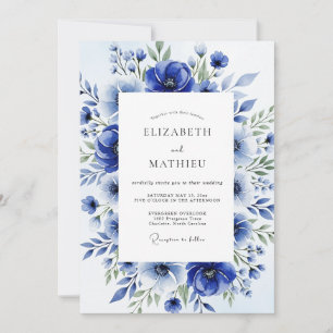 Convite Casamento Floral com Aquarela Azul Real