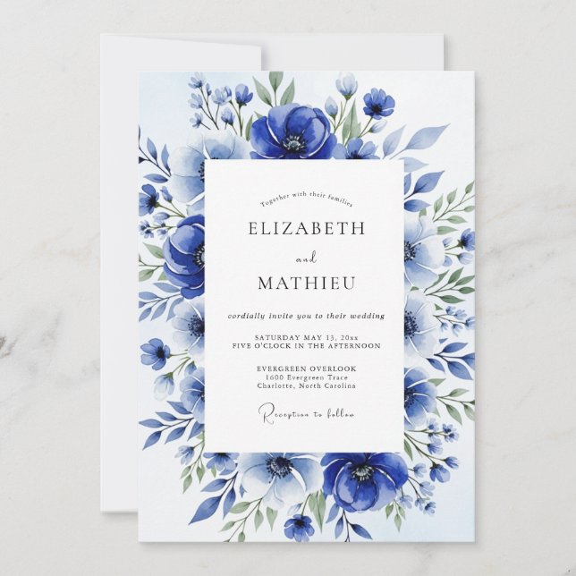 Convite Casamento Floral com Aquarela Azul Real (Frente)