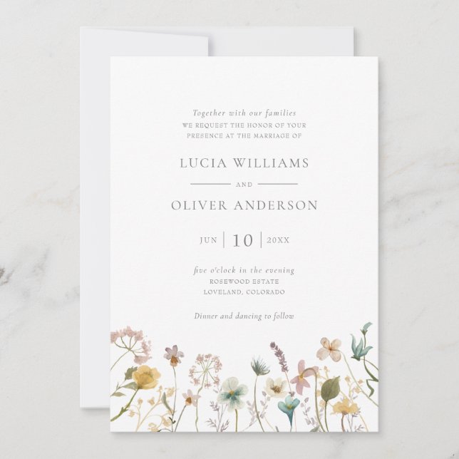Convite Casamento Floral com Aquarela de Flores Silvestres (Frente)
