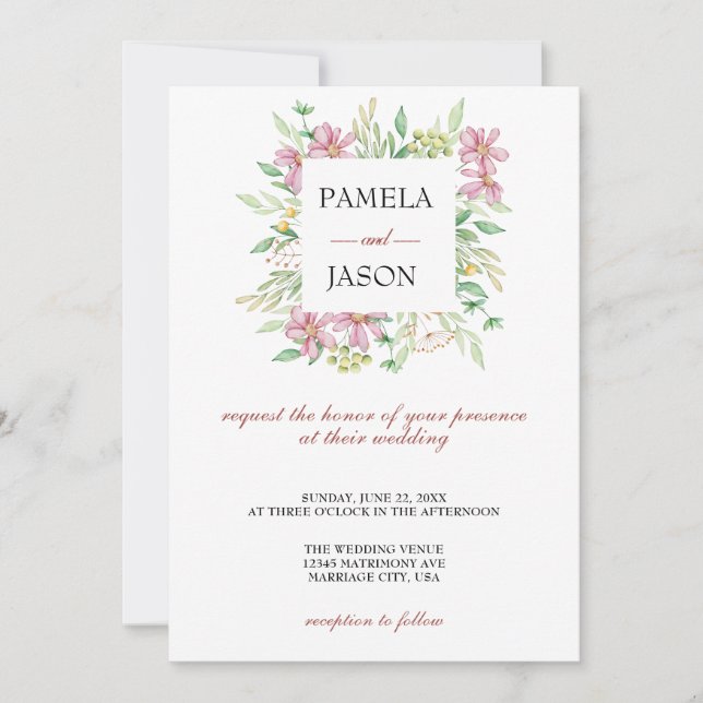 Convite Casamento Floral com Aquarela do Jardim de Verão (Frente)