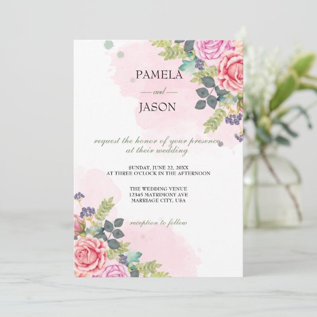 Convite Casamento Floral com Aquarela do Jardim de Verão (Em pé/Frente)