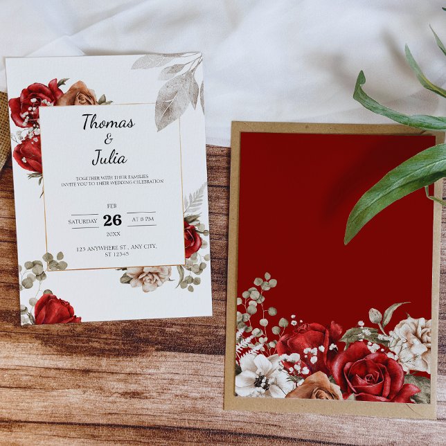 Convite Casamento Floral com Aquarela em Borgonha Minimali (Minimal Watercolor Burgundy Floral Wedding Invitation)