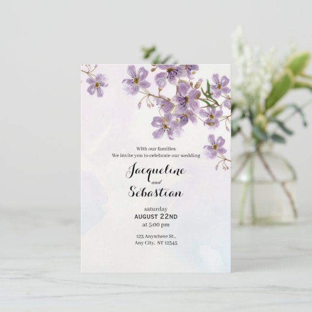 Convite Casamento Floral com Aquarela em Lilás Suave (Em pé/Frente)