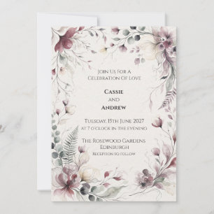 Convite Casamento Floral com Aquarela em Tons de Malva Des