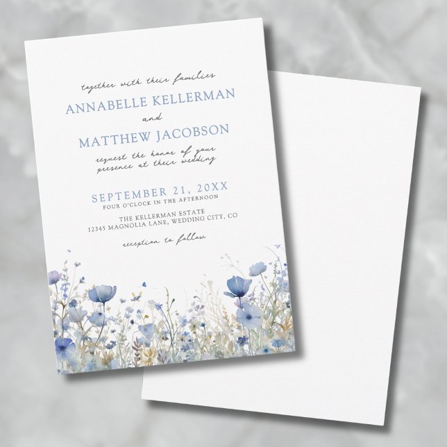 Convite Casamento Floral com Aquarela Flor Silvestre Azul (Botanical Wildflower Watercolor Floral Wedding Invitation)