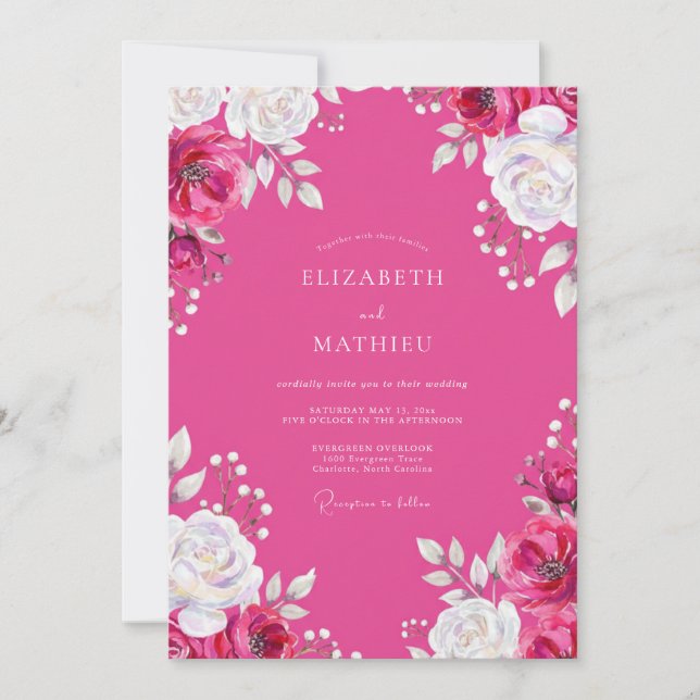 Convite Casamento Floral com Aquarela Rosa (Frente)