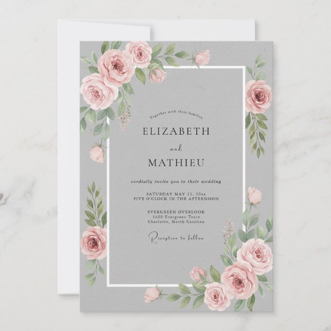 Convite Casamento Floral com Aquarela Rosa Cinza (Frente)