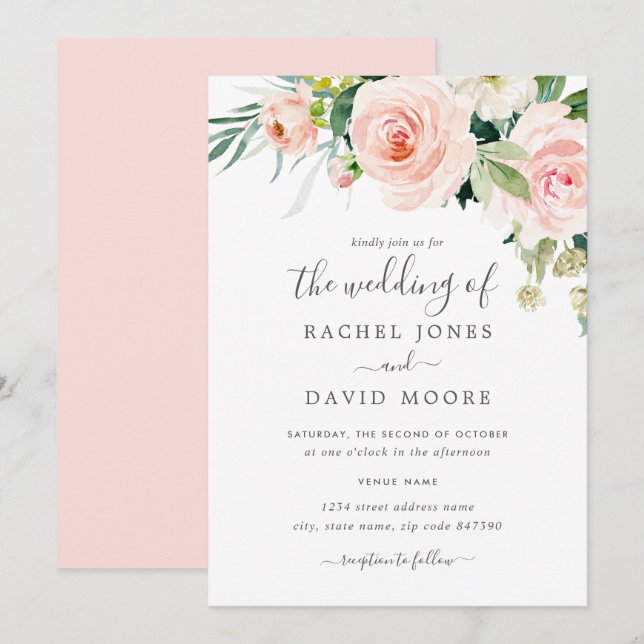 Convite Casamento Floral com Aquarela Rosa Corada (Frente/Verso)
