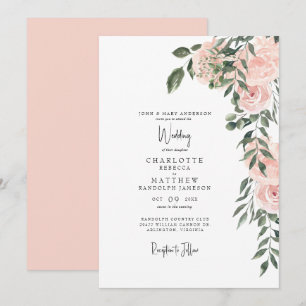 Convite Casamento Floral com Aquarela Rosa Luxuosa