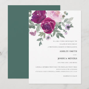 Convite Casamento Floral com Aquarela Rosa Magenta
