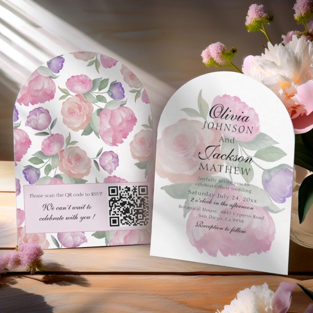 Convite Casamento Floral com Aquarela Rosa Moderno  (Criador carregado)