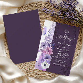 Convite Casamento Floral com Aquarela Roxa