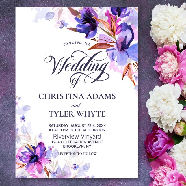 Convite Casamento Floral com Aquarela Roxa (Criador carregado)