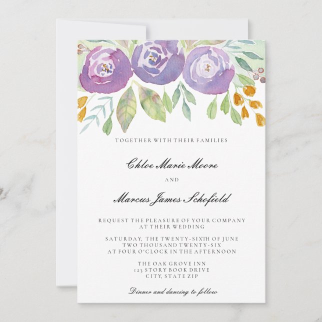 Convite Casamento Floral com Aquarela Roxa de Lavanda (Frente)