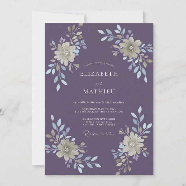 Convite Casamento Floral com Aquarela Roxa Desbotada (Frente)