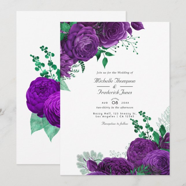 Convite Casamento Floral com Aquarela Roxa e Verde (Frente/Verso)