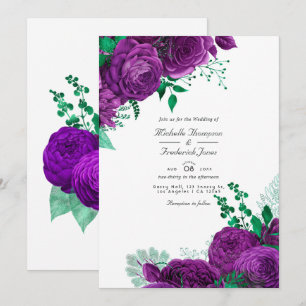 Convite Casamento Floral com Aquarela Roxa e Verde