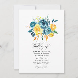 Convite Casamento Floral com Aquarela Turquesa e Amarela