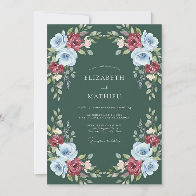 Convite Casamento Floral com Aquarela Verde Floresta (Frente)