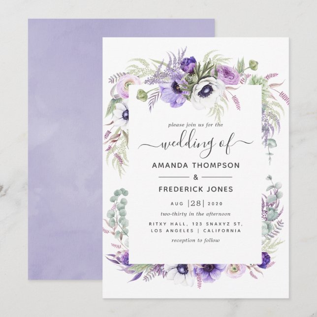 Convite Casamento Floral com Aquarela Violeta Desbotada (Frente/Verso)
