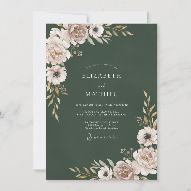 Convite Casamento Floral com Bege Verde Floresta (Frente)