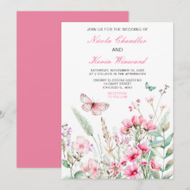 Convite Casamento Floral com Borboleta Rosa primavera