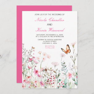 Convite Casamento Floral com Borboleta Rosa Profunda prima