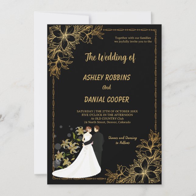 Convite Casamento floral com borda preta e dourada elegant (Frente)