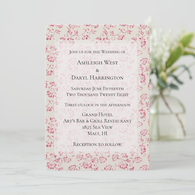 Convite Casamento Floral com Brilho Cor-de-Rosa Creme Româ (Em pé/Frente)