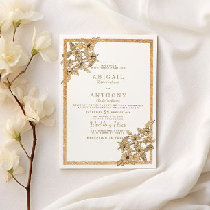 Convite Casamento floral com brilho dourado e branco chiqu