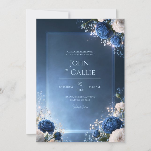Convite Casamento Floral com Brilho Safira (Frente)