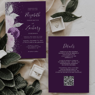 Convite Casamento Floral com Código QR em Roxo Fundo com B