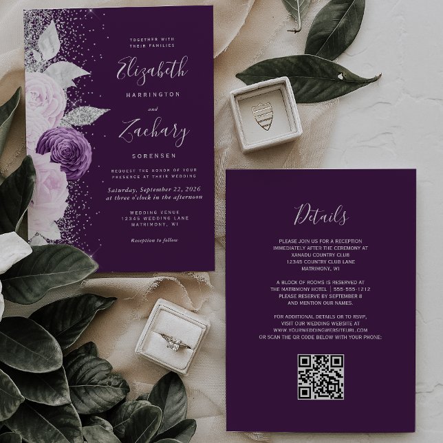 Convite Casamento Floral com Código QR em Roxo Fundo com B (Criador carregado)