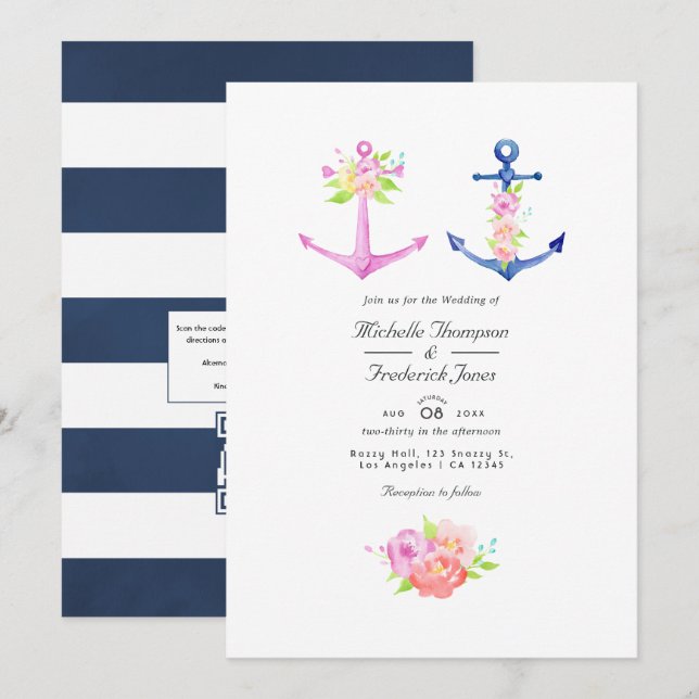 Convite Casamento Floral com Código QR Tema Náutico em Aqu (Frente/Verso)