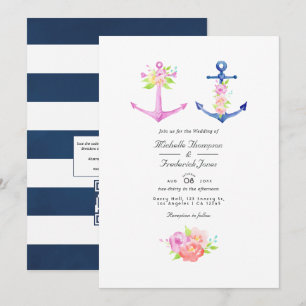 Convite Casamento Floral com Código QR Tema Náutico em Aqu